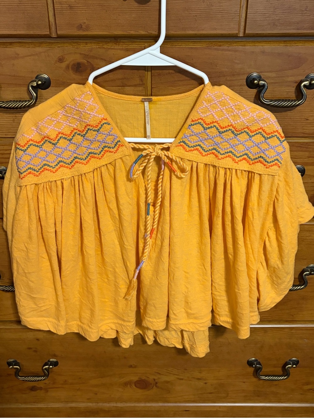 Free People Yellow Embroidered Tie-Front Crop Top